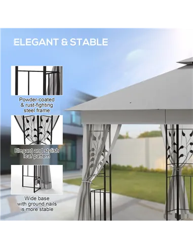 Outsunny 3(m) x 3(m)  Double Roof Outdoor Garden Gazebo Canopy Shelter with Netting, Solid Steel Frame, Light Grey