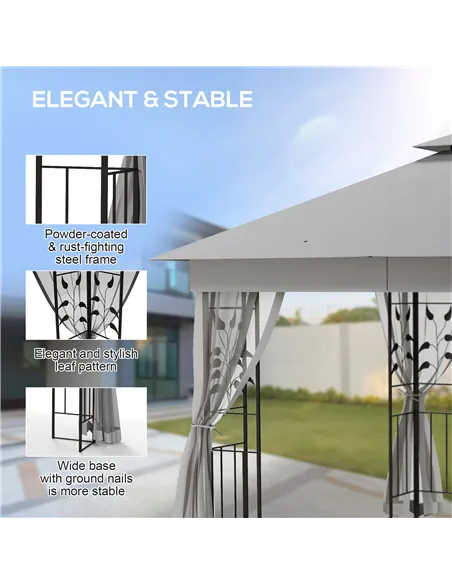Outsunny 3(m) x 3(m)  Double Roof Outdoor Garden Gazebo Canopy Shelter with Netting, Solid Steel Frame, Light Grey
