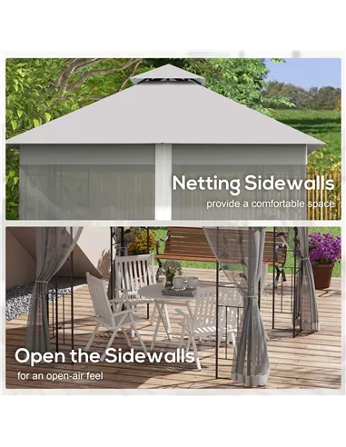 Outsunny 3(m) x 3(m)  Double Roof Outdoor Garden Gazebo Canopy Shelter with Netting, Solid Steel Frame, Light Grey