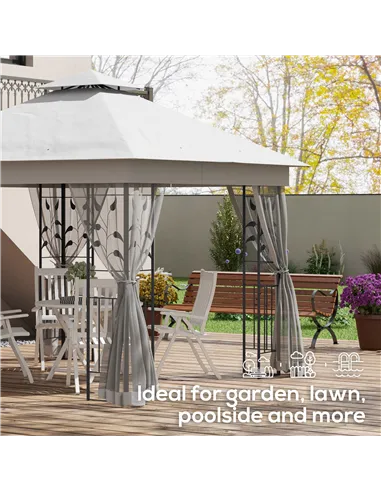 Outsunny 3(m) x 3(m)  Double Roof Outdoor Garden Gazebo Canopy Shelter with Netting, Solid Steel Frame, Light Grey