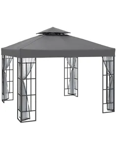 Outsunny 3 x 3(m) Patio Gazebo Canopy Garden Pavilion Tent Shelter with 2 Tier Roof and Mosquito Netting, Steel Frame, Grey