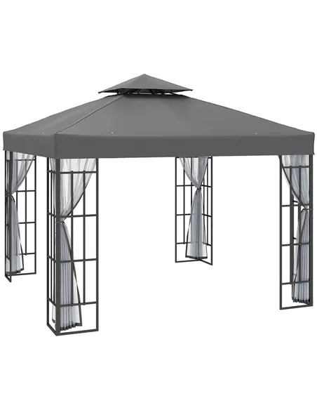 Outsunny 3 x 3(m) Patio Gazebo Canopy Garden Pavilion Tent Shelter with 2 Tier Roof and Mosquito Netting, Steel Frame, Grey