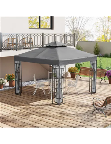 Outsunny 3 x 3(m) Patio Gazebo Canopy Garden Pavilion Tent Shelter with 2 Tier Roof and Mosquito Netting, Steel Frame, Grey