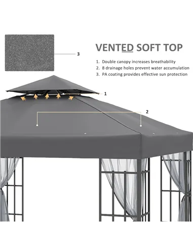 Outsunny 3 x 3(m) Patio Gazebo Canopy Garden Pavilion Tent Shelter with 2 Tier Roof and Mosquito Netting, Steel Frame, Grey