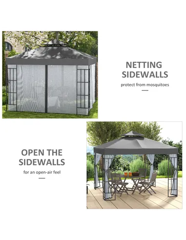 Outsunny 3 x 3(m) Patio Gazebo Canopy Garden Pavilion Tent Shelter with 2 Tier Roof and Mosquito Netting, Steel Frame, Grey