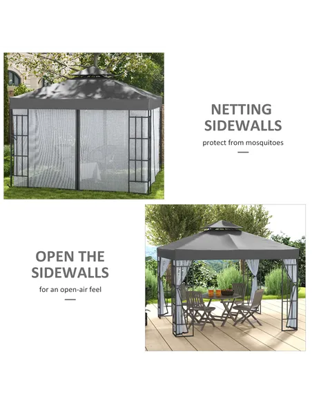 Outsunny 3 x 3(m) Patio Gazebo Canopy Garden Pavilion Tent Shelter with 2 Tier Roof and Mosquito Netting, Steel Frame, Grey