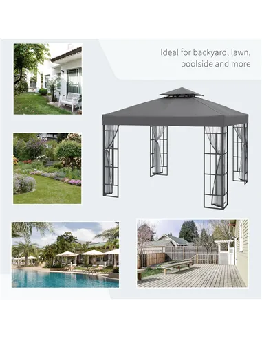 Outsunny 3 x 3(m) Patio Gazebo Canopy Garden Pavilion Tent Shelter with 2 Tier Roof and Mosquito Netting, Steel Frame, Grey