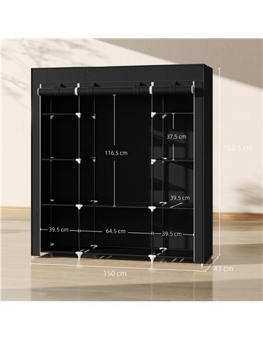 HOMCOM Portable Wardrobe, Foldable Fabric Wardrobe, 150 x 43 x 162.5cm, Clothes Storage Organiser with Hanging Rail, Shelves, Fa