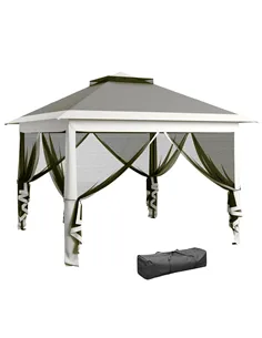 Outsunny Pop Up Canopy Tent with Double Roof, Zipped Mesh Sidewalls, Carrying Bag, Height Adjustable for Patio Garden, Dark Grey