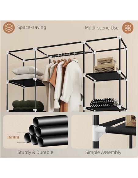 HOMCOM Portable Wardrobe, Foldable Fabric Wardrobe, 150 x 43 x 162.5cm, Clothes Storage Organiser with Hanging Rail, Shelves, Fa