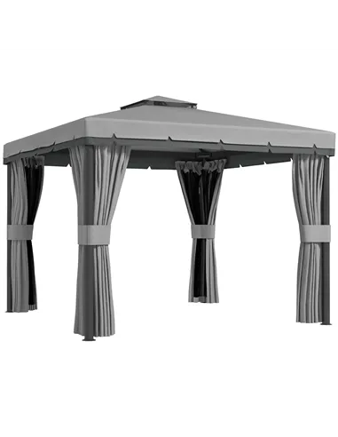 Outsunny 3 x 3(m) Patio Gazebo Canopy Garden Pavilion Tent Shelter Marquee with 2 Tier Roof, Netting and Curtains, Light Grey