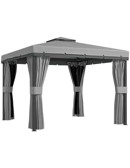 Outsunny 3 x 3(m) Patio Gazebo Canopy Garden Pavilion Tent Shelter Marquee with 2 Tier Roof, Netting and Curtains, Light Grey