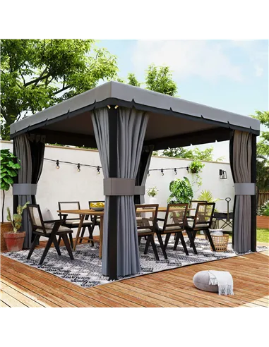 Outsunny 3 x 3(m) Patio Gazebo Canopy Garden Pavilion Tent Shelter Marquee with 2 Tier Roof, Netting and Curtains, Light Grey
