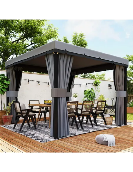 Outsunny 3 x 3(m) Patio Gazebo Canopy Garden Pavilion Tent Shelter Marquee with 2 Tier Roof, Netting and Curtains, Light Grey
