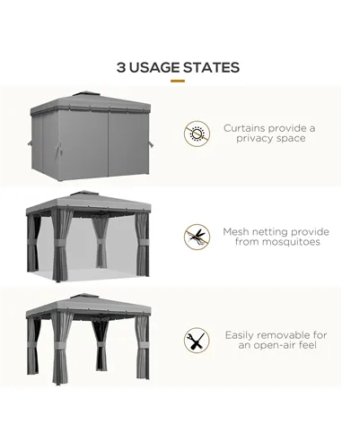 Outsunny 3 x 3(m) Patio Gazebo Canopy Garden Pavilion Tent Shelter Marquee with 2 Tier Roof, Netting and Curtains, Light Grey