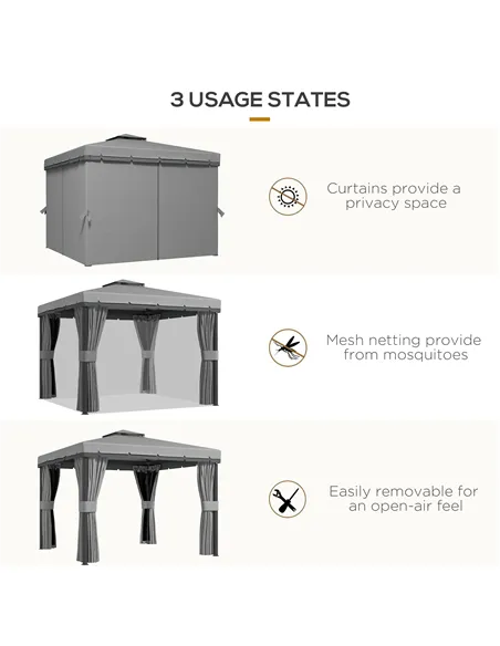 Outsunny 3 x 3(m) Patio Gazebo Canopy Garden Pavilion Tent Shelter Marquee with 2 Tier Roof, Netting and Curtains, Light Grey