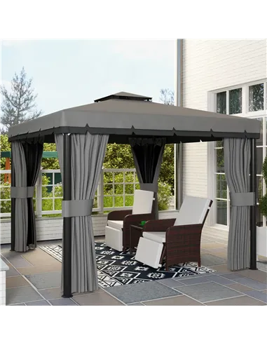 Outsunny 3 x 3(m) Patio Gazebo Canopy Garden Pavilion Tent Shelter Marquee with 2 Tier Roof, Netting and Curtains, Light Grey