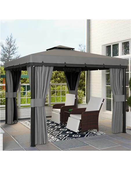 Outsunny 3 x 3(m) Patio Gazebo Canopy Garden Pavilion Tent Shelter Marquee with 2 Tier Roof, Netting and Curtains, Light Grey