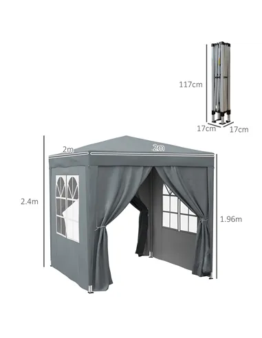Outsunny Garden Pop Up Gazebo Marquee Party Tent Canopy with free Carrying Case, Removable 2 Walls, 2 Windows, 2m x 2m, Grey