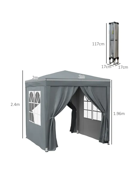 Outsunny Garden Pop Up Gazebo Marquee Party Tent Canopy with free Carrying Case, Removable 2 Walls, 2 Windows, 2m x 2m, Grey