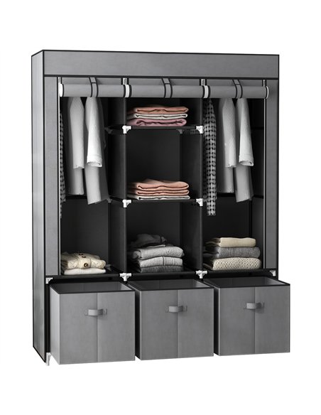 HOMCOM Fabric Wardrobe for Bedroom, Portable Wardrobe with 5 Shelves, 2 Hanging Rails and 3 Fabric Drawers, Foldable Closet, 125