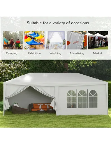 Outsunny 6 x 3 m Party Tent Wedding Gazebo Outdoor Waterproof PE Canopy Shade with 6 Removable Side Walls