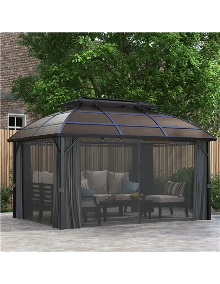 Outsunny 4 x 3m Aluminium Frame Hard Gazebo, with Accessories - Brown