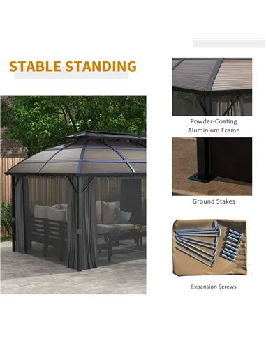 Outsunny 4 x 3m Aluminium Frame Hard Gazebo, with Accessories - Brown