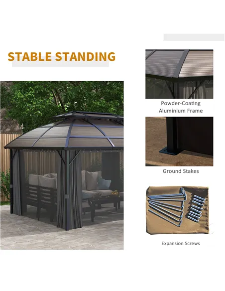 Outsunny 4 x 3m Aluminium Frame Hard Gazebo, with Accessories - Brown