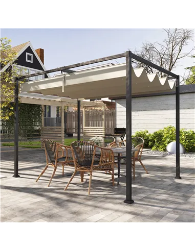 Outsunny 3x2m Metal Pergola with Retractable Roof, Garden Gazebo Canopy Shelter for Outdoor, Patio, Khaki