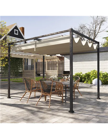 Outsunny 3x2m Metal Pergola with Retractable Roof, Garden Gazebo Canopy Shelter for Outdoor, Patio, Khaki