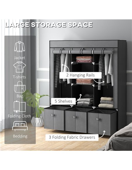 HOMCOM Fabric Wardrobe for Bedroom, Portable Wardrobe with 5 Shelves, 2 Hanging Rails and 3 Fabric Drawers, Foldable Closet, 125