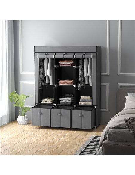 HOMCOM Fabric Wardrobe for Bedroom, Portable Wardrobe with 5 Shelves, 2 Hanging Rails and 3 Fabric Drawers, Foldable Closet, 125