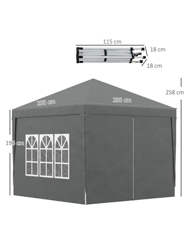 Outsunny 3 x 3 Meters Pop Up Water Resistant Gazebo Wedding Camping Party Tent Canopy Marquee with Carry Bag and 2 Windows, Grey