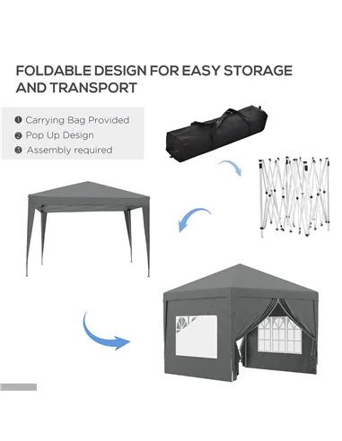 Outsunny 3 x 3 Meters Pop Up Water Resistant Gazebo Wedding Camping Party Tent Canopy Marquee with Carry Bag and 2 Windows, Grey