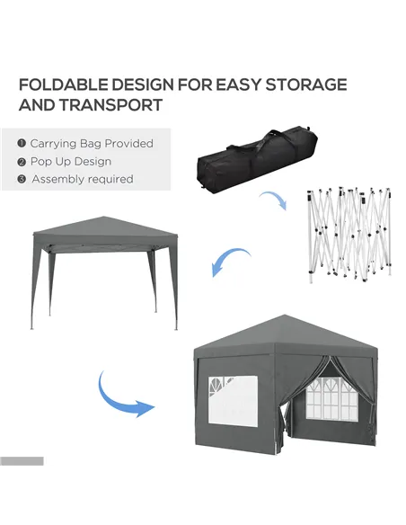 Outsunny 3 x 3 Meters Pop Up Water Resistant Gazebo Wedding Camping Party Tent Canopy Marquee with Carry Bag and 2 Windows, Grey