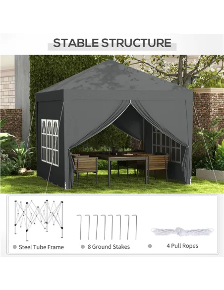 Outsunny 3 x 3 Meters Pop Up Water Resistant Gazebo Wedding Camping Party Tent Canopy Marquee with Carry Bag and 2 Windows, Grey
