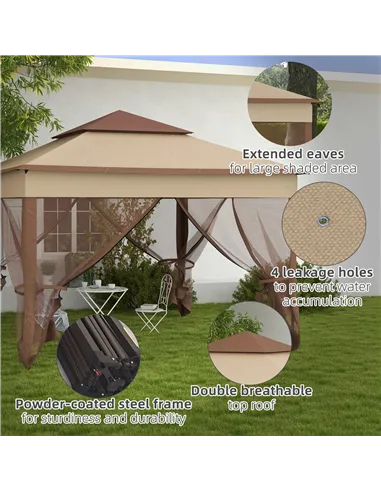Outsunny 3 x 3(m) Pop Up Gazebo, Double-roof Garden Tent with Netting and Carry Bag, Party Event Shelter for Outdoor Patio, Khak