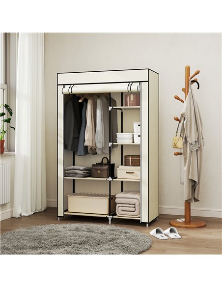 HOMCOM Fabric Wardrobe, Portable Wardrobe with 6 Shelves, 1 Hanging Rail, Foldable Closets, 103 x 43 x 162.5 cm, Cream White
