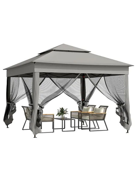 Outsunny 3 x 3(m) Pop Up Gazebo, Double-roof Garden Tent with Netting and Carry Bag, Party Event Shelter for Outdoor Patio, Dark