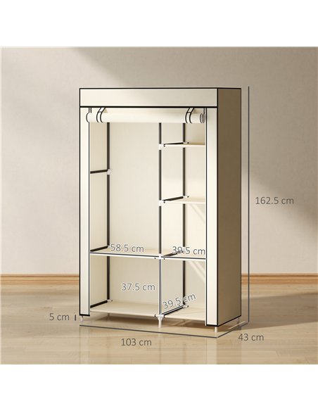 HOMCOM Fabric Wardrobe, Portable Wardrobe with 6 Shelves, 1 Hanging Rail, Foldable Closets, 103 x 43 x 162.5 cm, Cream White