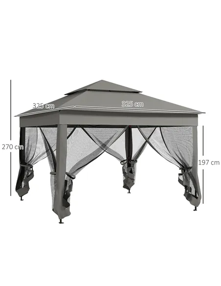 Outsunny 3 x 3(m) Pop Up Gazebo, Double-roof Garden Tent with Netting and Carry Bag, Party Event Shelter for Outdoor Patio, Dark