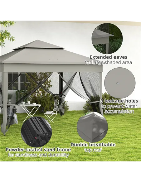 Outsunny 3 x 3(m) Pop Up Gazebo, Double-roof Garden Tent with Netting and Carry Bag, Party Event Shelter for Outdoor Patio, Dark