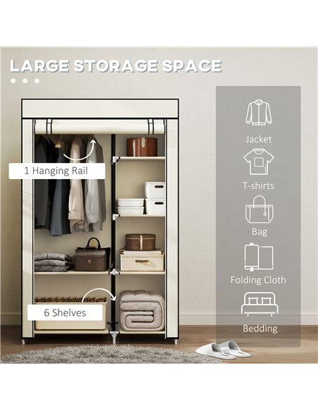 HOMCOM Fabric Wardrobe, Portable Wardrobe with 6 Shelves, 1 Hanging Rail, Foldable Closets, 103 x 43 x 162.5 cm, Cream White
