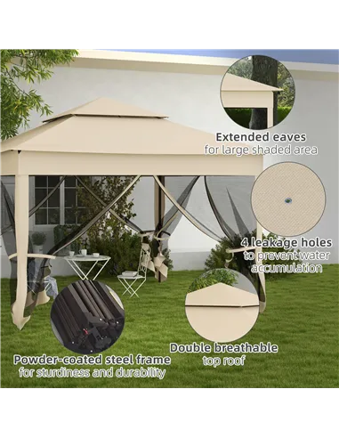 Outsunny 3 x 3(m) Pop Up Gazebo, Double-roof Garden Tent with Netting and Carry Bag, Party Event Shelter for Outdoor Patio, Crea