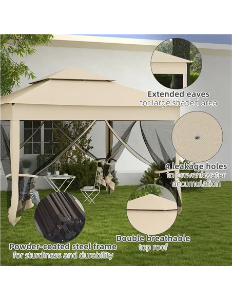 Outsunny 3 x 3(m) Pop Up Gazebo, Double-roof Garden Tent with Netting and Carry Bag, Party Event Shelter for Outdoor Patio, Crea