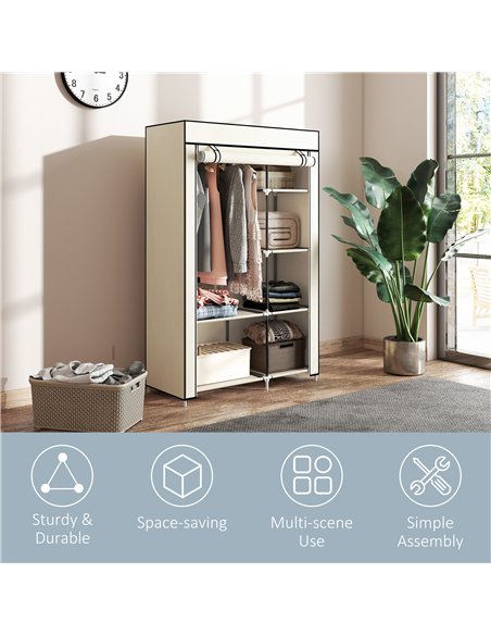 HOMCOM Fabric Wardrobe, Portable Wardrobe with 6 Shelves, 1 Hanging Rail, Foldable Closets, 103 x 43 x 162.5 cm, Cream White