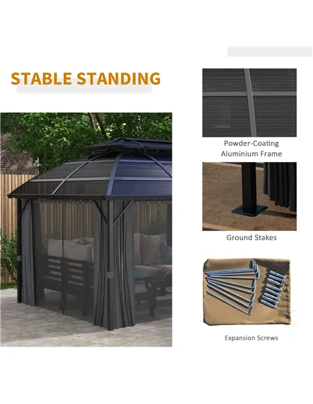 Outsunny 4 x 3m Aluminium Frame Hard Gazebo, with Accessories - Black