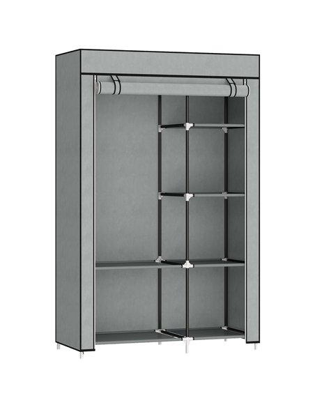 HOMCOM Fabric Wardrobe, Portable Wardrobe with 6 Shelves, 1 Hanging Rail, Foldable Closets, 103 x 43 x 162.5 cm, Light Grey