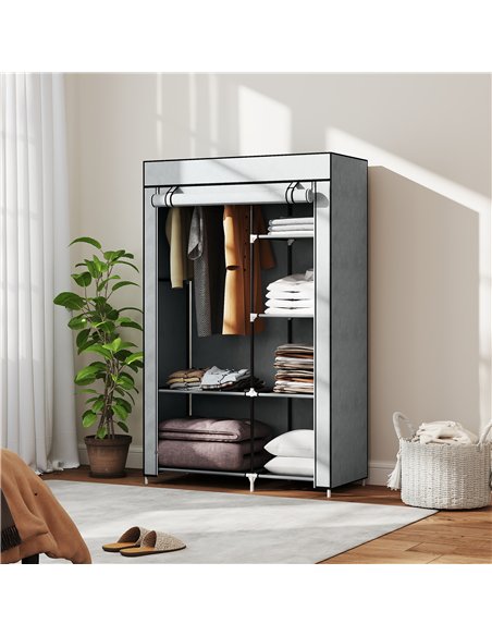 HOMCOM Fabric Wardrobe, Portable Wardrobe with 6 Shelves, 1 Hanging Rail, Foldable Closets, 103 x 43 x 162.5 cm, Light Grey